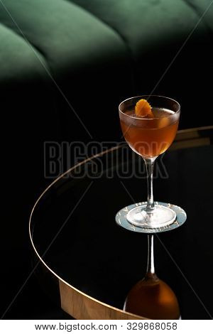 Fresh Cocktail Glass On Glass Table In Night Club Restaurant