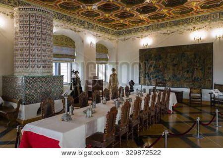 Mir, Belarus -  23-october-2019: Vintage Dinner Room At Exposition In Mir Castle. Mir, Grodno Region