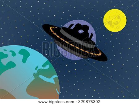 Love Couple Is Flying In Ufo Alien Spaceship Between The Moon And Earth In The Future Time. Science 