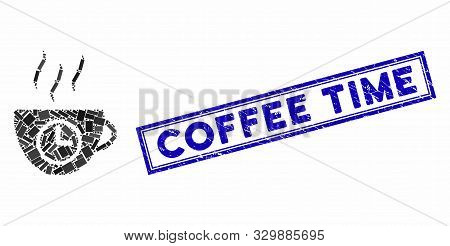 Mosaic Coffee Time And Rubber Stamp Seal With Coffee Time Text. Mosaic Vector Coffee Time Is Created