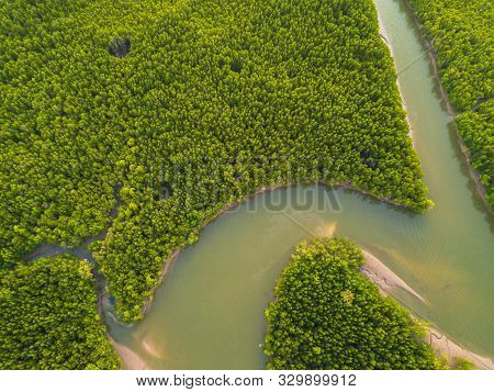 Aerial Top View Of Samet Nangshe, Mountain Valley Hills, And Tropical Green Forest Trees At Sunset W