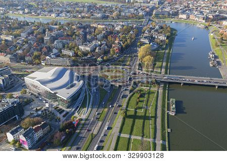 Krakow, Poland - October 21, 2019: Aerial Balloon View Of The City, Ice Kongres Center, Vistula Rive
