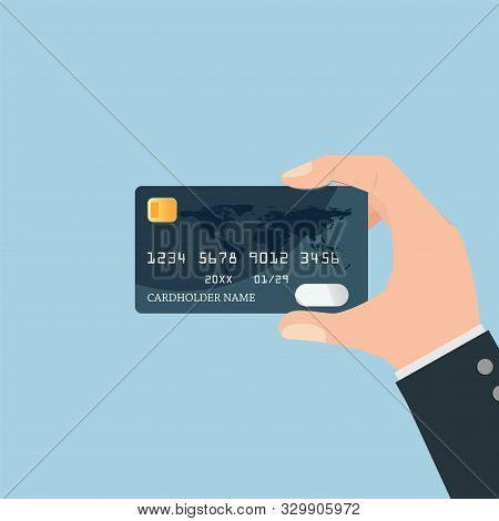Hand Holding Credit Card  Isolsted On Blue Background. Vector Illustration.