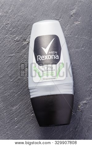 Exona Deodorant Isolated On Stone Slate Background. Rexona Is Deodorant And Antiperspirant Brand Fou