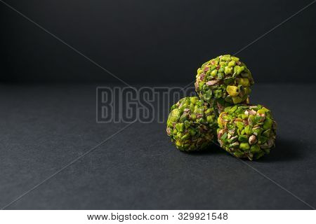 Candy Ball. Middle East Pistachio Confectionery. Healthy No Sugar Food.  Copy Space.
