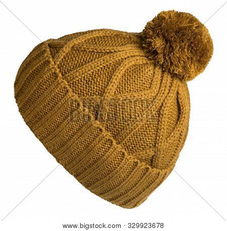 Knitted Dark Yellow Hat Isolated On White Background.hat With Pompon Side View .