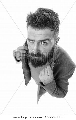 For A Refined Fashionable Look. Bearded Man Wearing Fashionable Topcoat And Jeans. Having Fashionabl