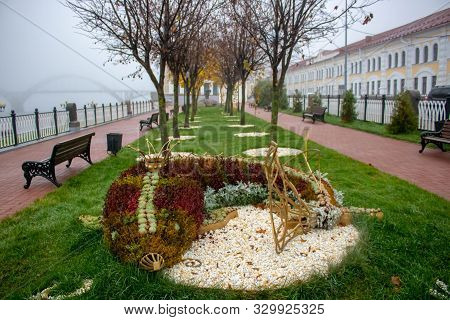 Forest Park And Dry Rivulet Bed With Fallen Leaves In Misty Autumn. Russia Rybinsk