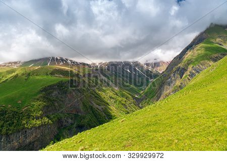 The Picturesque Gorge In The High Caucasus Mountains, Georgia In Summer
