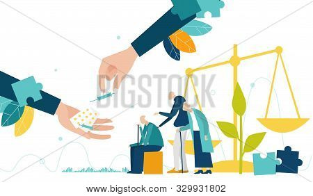 Hands Giving The Treatment To Elderly People. Medicine, Care And Support For Ild People. Concept Ill