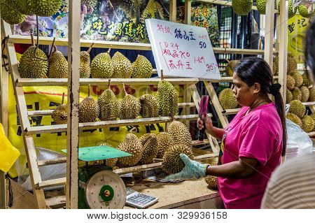 Luala Lumpur Malaysia. March 16 2019. A View Of A Durian Stall At The Famous Night Food Market Jalan
