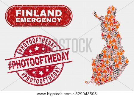 Vector Composition Of Hazard Finland Map And Red Rounded Textured Hashtag Photooftheday Watermark. E