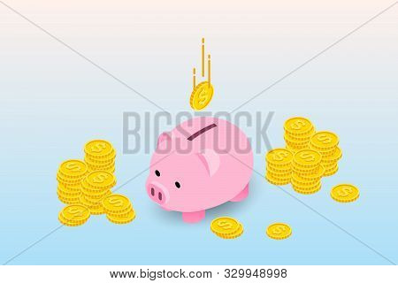 Isometric Design Of Piggy Bank With Coins And Falling Coin. The Money Collecting Concept, Deposit Fo