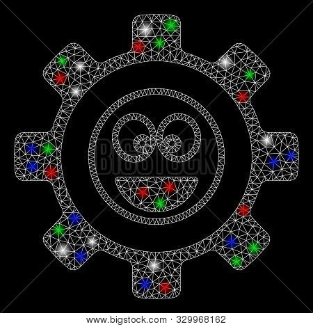 Bright Mesh Service Gear Laugth Smile With Glare Effect. White Wire Carcass Polygonal Mesh In Vector