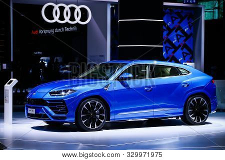 Frankfurt Am Main, Germany - September 17, 2019: Blue Luxury Crossover Supercar Lamborghini Urus At 