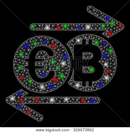 Bright Mesh Euro Bitcoin Change With Lightspot Effect. White Wire Carcass Triangular Mesh In Vector 