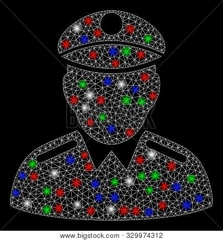 Bright Mesh Colonel With Glare Effect. White Wire Frame Polygonal Mesh In Vector Format On A Black B