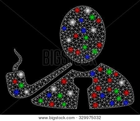 Bright Mesh Smoking Detective With Glow Effect. White Wire Carcass Polygonal Mesh In Vector Format O