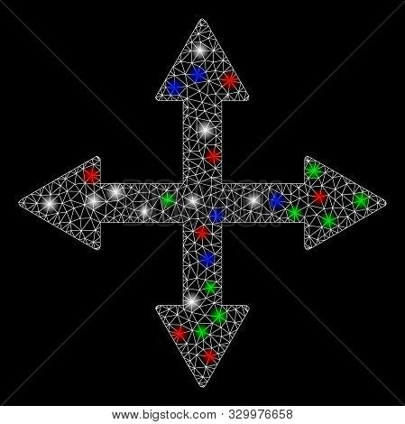 Bright Mesh Quadro Arrows With Glow Effect. White Wire Frame Triangular Mesh In Vector Format On A B