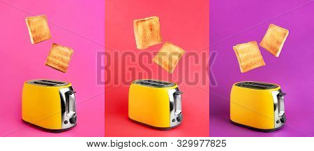 Collage Of Toasters With Fried Toasters On A Colored Background