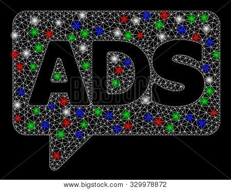 Bright Mesh Advertisiment Message With Glow Effect. White Wire Frame Polygonal Mesh In Vector Format
