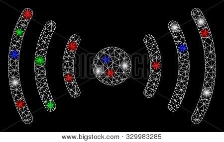 Bright Mesh Wi-fi Point With Glare Effect. White Wire Frame Triangular Mesh In Vector Format On A Bl