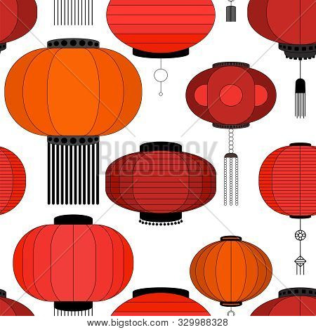 Seamless Pattern With Red Chinese Lanterns. Vector Illustration.