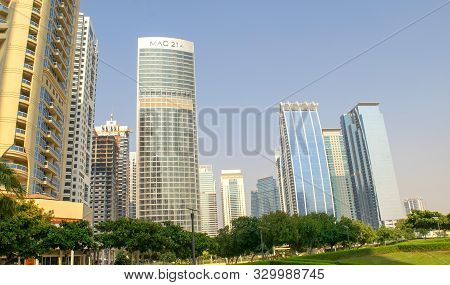 Dubai / Uae - October 15, 2019: Panorama Of Jumeirah Lakes Towers Buildings And Park. Residential Pr
