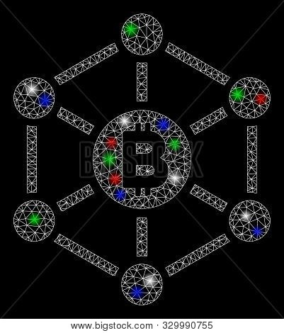 Bright Mesh Bitcoin Finance Netwok With Glare Effect. White Wire Frame Polygonal Mesh In Vector Form