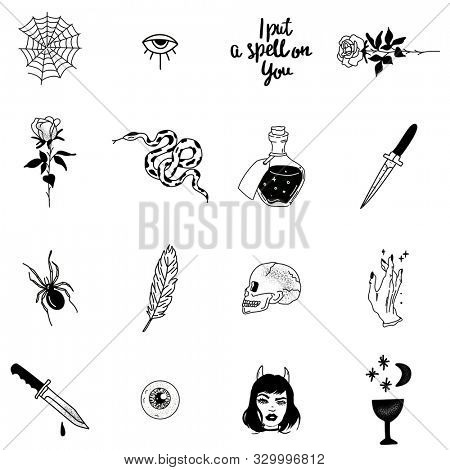 Halloween set collection of sketched elements hand drawn. Icon and character, witch, creepy and spooky elements for halloween decorations sticker. Hand drawn vector illustration