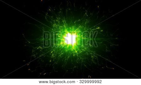 Green Futuristic Space Particles In Bright Round Energy Structure. Space Orb Vfx Design Element. Abs