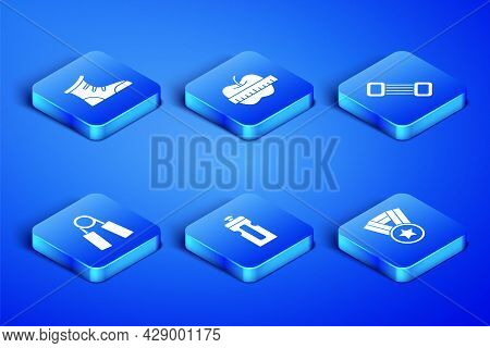 Set Medal, Sport Boxing Shoes, Fitness Shaker, Expander, Apple Measuring Tape And Chest Icon. Vector