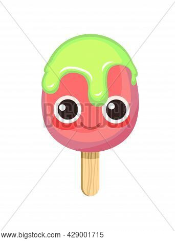 Red Ice Cream. Green Syrup Streaks. Summer Food Sweet Dessert. Cartoon Funny Character. Flat Design.