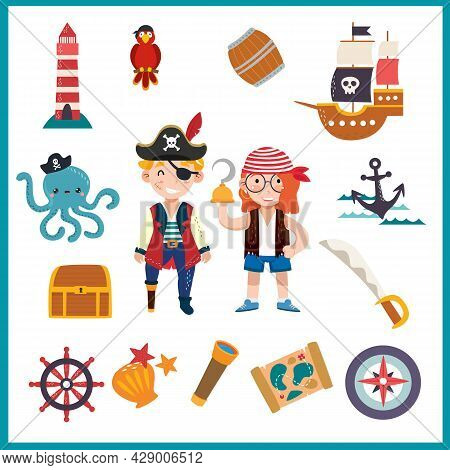 Pirate Kids Set With Ship, Sword, Parrot And Adventure Icons
