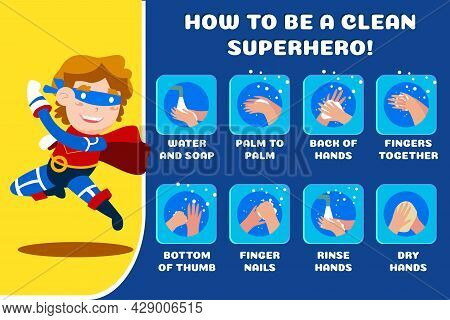 Boy Superhero Poster Showing Kids How To Wash Their Hands During Pandemic To Protect From Virus For 