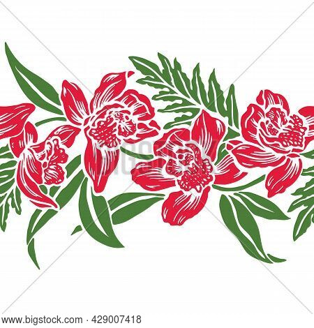 Tropical Floral Hawaiian Pattern Design With Repeat. Orchid Vintage Style.
