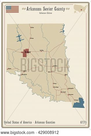 Map On An Old Playing Card Of Sevier County In Arkansas, Usa.