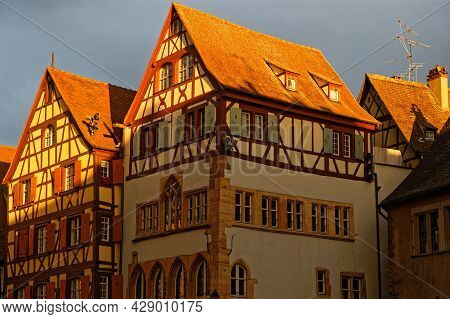 Colmar, France, June 25, 2021 : Half Timbered Houses At Sunset Light. City Has A Rich Architectural 