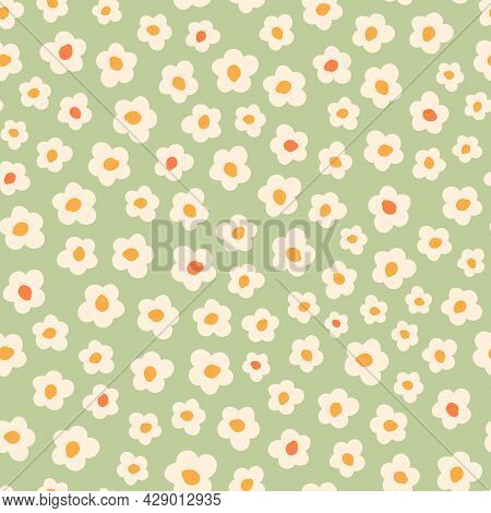 Cute Seamless Pattern With Primitive Naive Art Flowers In 70s Style