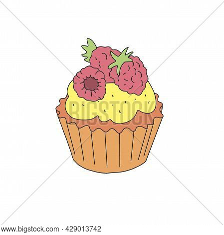 Illustration Bright Cupcake With Cream, Topping, Strawberies