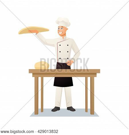 The Chef Prepares Pizza By Working With The Dough. Cartoon Vector Illustration.