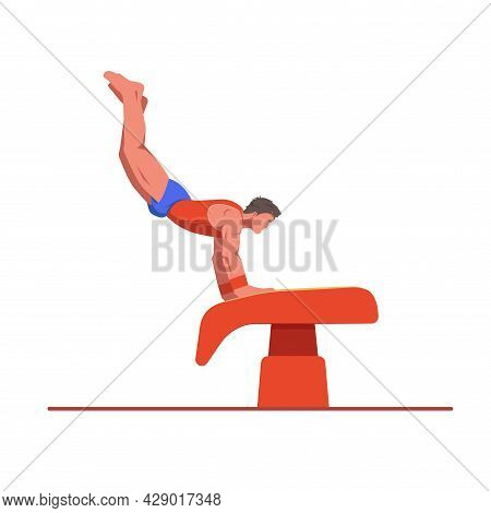 A Gymnast With An Athletic Physique Performs A Vault, Athlete Springs Onto A Vault With His Hands. V