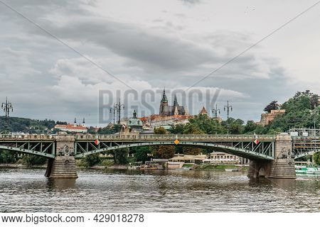 Scenic Panorama Of Beautiful Prague Castle,saint Vitus Cathedral,cechuv Bridge Over Vltava River.fam