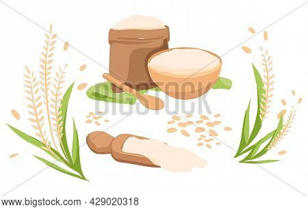 Grind Wheat Concept. High Quality Flour From Wheat Grains. Ears Of Grain And Bag With Secondary Prod