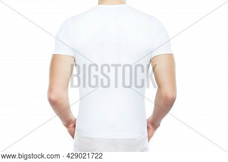 White T Shirt Mock Up. People Concept Close Up Of Young Man In Blank White T-shirt Back View, Isolat