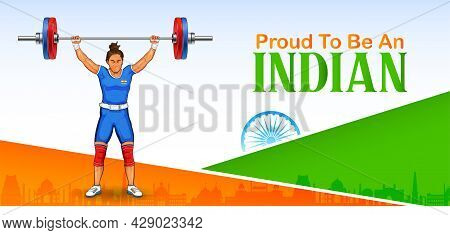 Indian Sportsperson Weightlifter In Women Category Victory In Championship On Tricolor India Backgro