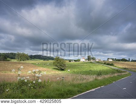 Rural Countryside Summer Landscape With Green Meadows And Village In French Ardennes Near Charlevill