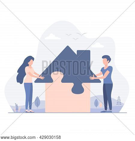 Man And Woman Couple Build A House From Puzzles, Vector Flat Design Illustration.