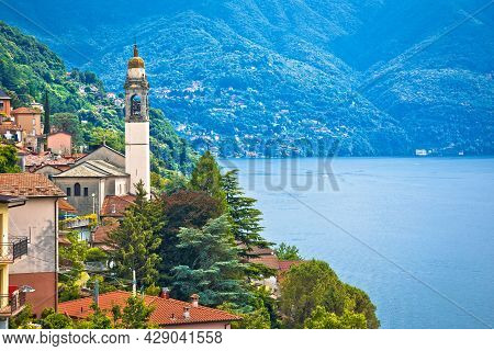 Town Of Nesso On Steep Hill On Como Lake Waterfront View, Lombardy Region Of Italy
