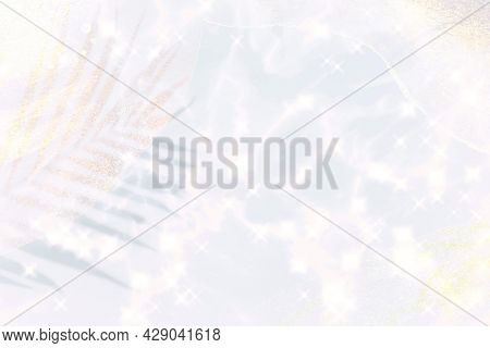 Sparkling white iridescent holographic background with glittery palm leaf